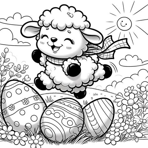 "Title: \"Springtime Bliss: Joyful Lamb and Easter Eggs Coloring Page\" Description: Celebrate the splendor of spring with our \"Springtime Bliss: Joyful Lamb and Easter Eggs\" coloring page. This heartwarming illustration captures the essence of springtime joy, featuring a blissful lamb adorned with a checkered scarf, frolicking among beautifully designed Easter eggs. The lamb's fleece is rich in texture, waiting to be brought to life with color, providing an engaging experience for anyone with a love for detail. Surrounding the lamb are Easter eggs embellished with various patterns such as flowers, stripes, and waves, nestled in a field of blooming flowers. The composition is set under a bright and cheerful sun, adding a sense of warmth and happiness to the scene. This digital download i Easter Eggs Coloring, Lamb Drawing, Heartwarming Illustration, Egg Coloring Page, Easter Egg Coloring Pages, Silhouette Cameo 4, Easter Lamb, Checkered Scarf, Fluffy Clouds