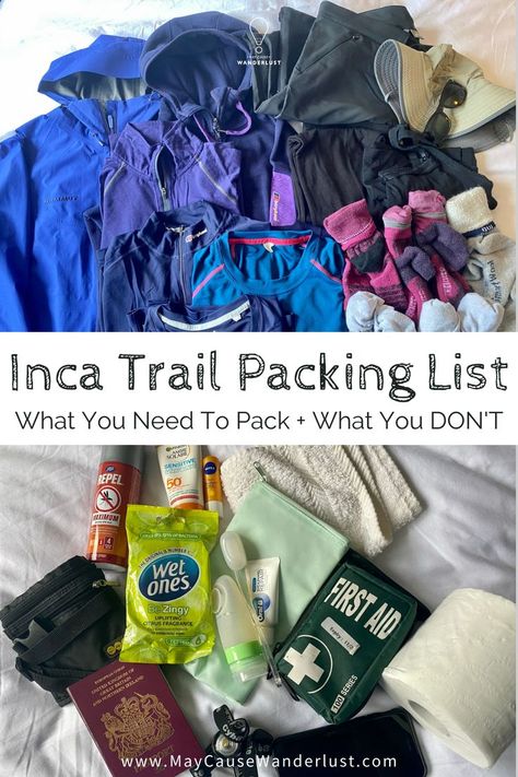 Before I did the Inca Trail, I agonized over what to pack, I bought a bunch of new gear. After doing the hike, I had learned some lessons about what was worth taking – and what was not. So I’m happy to share my hard-earned wisdom with you, to make your experience on the Inca Trail easier | Inca Trail Packing List | Packing For The Inca Trail | Inca Trail Pack List | What To Take On The Inca Trail | What To Pack For The Inca Trail Inca Trail Packing List Women, Machu Pichu Hike, What To Pack For Peru, Inca Trail Packing List, Hiking List, Inca Trail Peru, International Travel Packing, Backpacking Outfits, Hiking Packing List