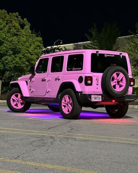 Hot Pink Jeep Wrangler, Light Pink Jeep, Hot Pink Jeep, Pink Suv, Baddie Cars, Pink Wrangler, Pink Trucks, Pink Jeep Wrangler, Hot Pink Cars