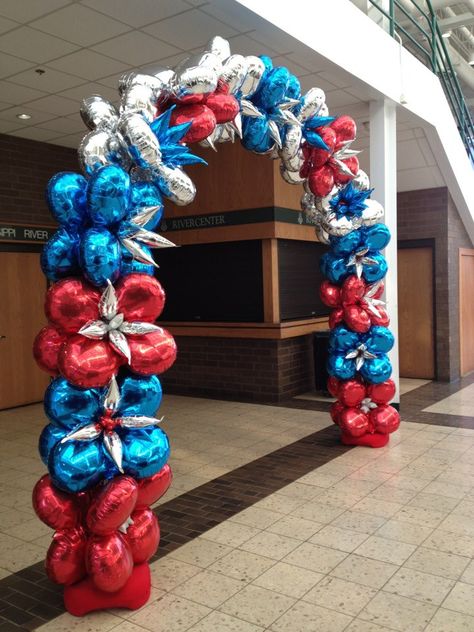 patriotic balloon arch by zany janie School Carnival Decorations, Foil Decor, Balloon Tower, Carnival Decorations, Balloon Garland Diy, Balloon Stands, Balloon Columns, Balloon Design, Balloon Animals