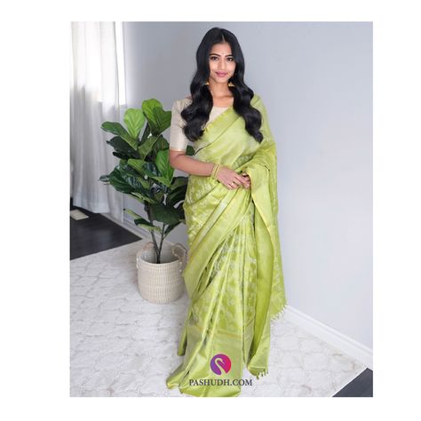 This pastel-green body of the saree is embedded with silver zari floral creepers at the centre. The broad silver zari border is outlined with golden zari lines which are distinguished easily by the intricacy of the designs. The pallu is decorated with beautiful silver zari mango motifs. Pastel Green Silk Saree, Parrot Green Silk Saree, Pastel Green Saree, Parrot Green Saree, Silk Saree With Silver Zari, Green Silk Saree, Saree Styling, Fashionable Saree, Silver Blouse