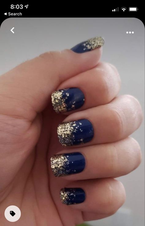 Nails Navy Blue And Gold, Blue And Gold Glitter Nails, Navy Gold Nails, Gold Nails Prom, Nails Navy Blue, Blue And Gold Nails, Blue Gold Nails, Nails With Gold Glitter, Nails Navy