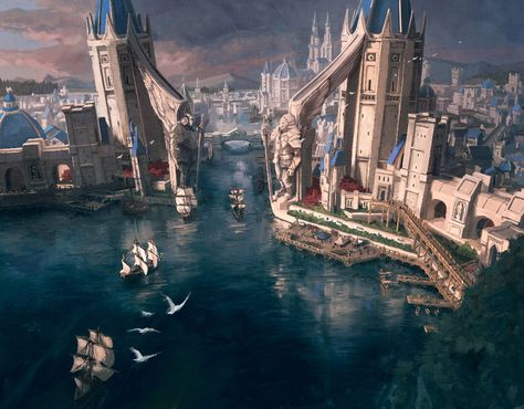 ArtStation - Port Town - Magic The Gathering - Lord of the Rings Medieval Port, Port Town, Medieval City, Port City, Fantasy City, Fantasy Concept Art, City Design, City Aesthetic, Magic The Gathering