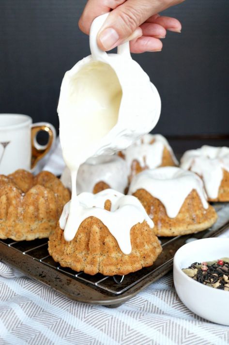 chai tea latte bundt cakes with vanilla glaze | The Baking Fairy Chai Cake, Apple Tea Cake, Cinnamon Tea Cake, Cake Varieties, Green Tea Cake, Baking Journal, Tea Cakes Recipes, Gourmet Food Store, Tea Beverages