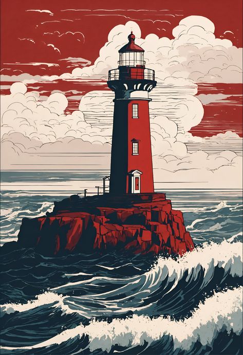 Download Free Mobile Phone Wallpaper Lighthouse Red And White Lighthouse, Lighthouse Drawing, Rocky Cliff, White Lighthouse, Wave Drawing, Lighthouse Art, White Door, Crashing Waves, Grey Skies