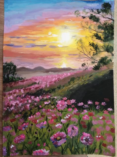 Landscape Paintings With Flowers, Sunset Meadow Painting, Mini Canvas Art Scenery, Realistic Nature Paintings, Colourful Landscape Paintings, Flower Field Painting Easy, Flower Field Drawing, Painting Field Of Flowers, Flower Garden Painting