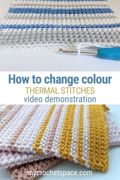 In the video demonstration below I’m showing how to change colours and carry the non-working yarn up inside of the potholder so that you don’t have to cut yarn and weave in dozens of ends. And you won’t see anything from the outside if you use a chunky yarn such as at least... #crochet #colourchange #thermal stitch #howtochangecolour #howtocarryyarn Por Holders, Potholder Crochet Pattern Free, Thermal Stitch Potholder, Thermal Stitch Crochet, Thermal Stitch, Crochet Space, Crochet Pot Holders Free Pattern, Crochet Potholder, Trendy Knitting