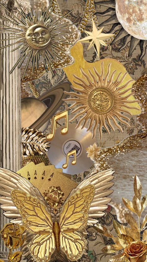 #or #gold #vintage #wallpaper #butterfly #sun #moon Gold Y2k Wallpaper, Gold Asthetics Wallpaper, Cautionary Tales, Apollo Aesthetic, Nails October, Wallpaper Butterfly, Black And Gold Aesthetic, Gold Phone Case, Reflective Journal