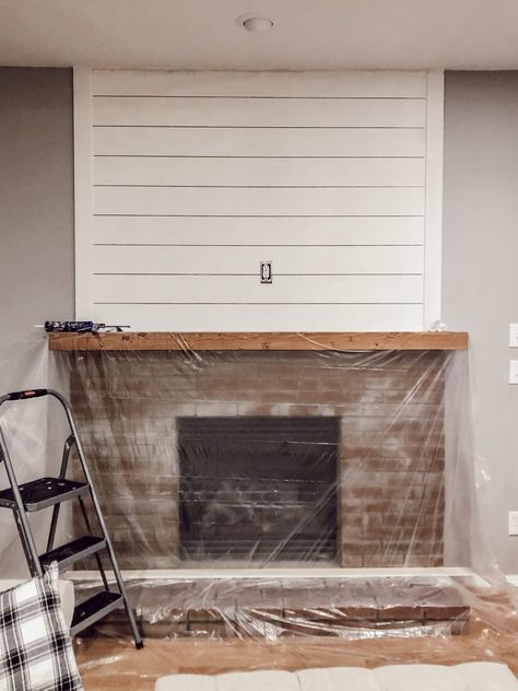 Fireplace Shiplap And Brick, Brick And Shiplap Fireplace, Brick Fireplace Hearth, Accent Wall Rustic, Wood Beam Mantle, Diy Brick Fireplace, Brick And Shiplap, Beam Mantle, Wood Mantle Fireplace