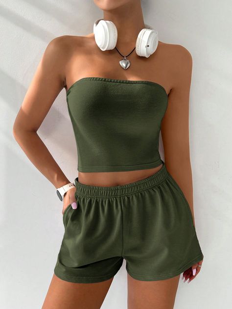 2pcs Set Women Solid Color Minimalist Daily Crop Top And Shorts Army Green Casual    Plain  Medium Stretch  Women Clothing, size features are:Bust: ,Length: ,Sleeve Length: Swimwear Shorts And Top, Shorts Verde, 2pcs Set Women, Áo Crop Top, Shorts And Top, Color Minimalist, Crop Top Casual, Crop Top And Shorts, Cropped Tops