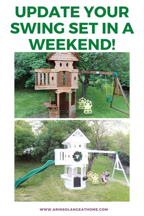 Make plans to update your old outdated swingset! You can paint and remodel your old swing set or play set on a budget. See how we did this DIY project in a weekend! Diy Swingset, Swing Set Makeover, Swingset Ideas, Baby Playroom, Playground Set, Boys Playroom, Girls Playroom, Teen Bedroom Designs, Wooden Playset