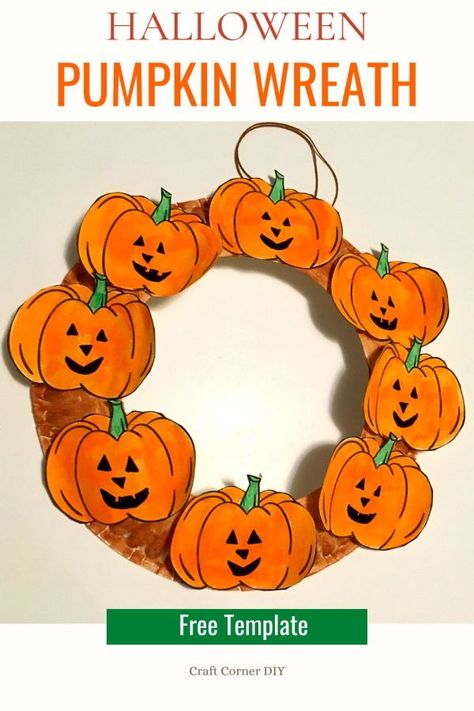 Picture of a paper plate pumpkin wreath. Halloween Paper Wreath, Pumpkin Activities Preschool, Quick Halloween Crafts, Festive Halloween Decor, Wreath Printable, Halloween Crafts For Toddlers, Preschool Crafts Fall, Pumpkin Template, Pumpkin Activities