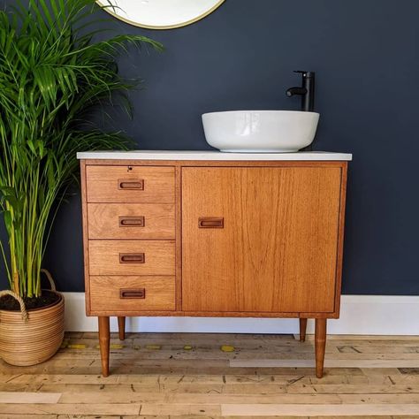 Beautiful fully restored mid century bathroom vanity unit. This fantastic Teak mid century vanity unit started it's life as a sewing cabinet but has been lovingly repurposed into a vintage bathroom vanity unit. Furnewal have lots of vanity units available for unique bathroom ideas! Vintage Cabinet Bathroom Vanity, Mcm Vanity, Mid Century Bathroom Vanity, Teak Bathroom Vanity, Wooden Vanity Unit, Vintage Bathroom Vanity, Oak Vanity Unit, Mid Century Vanity, Apartment Designs