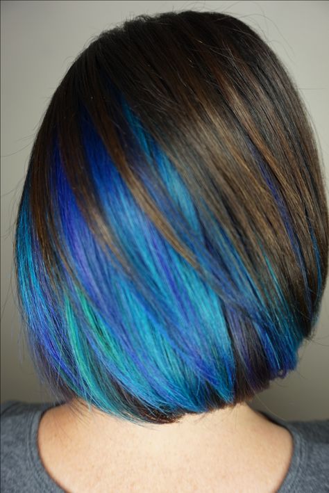 A little blue underneath from Masterpiece Hair! Blue Underneath Hair, Blue Underneath, Underneath Hair, Punk Hair, Hair Bob, Hair Medium, Haircut And Color, Brown And Blue, Rainbow Hair