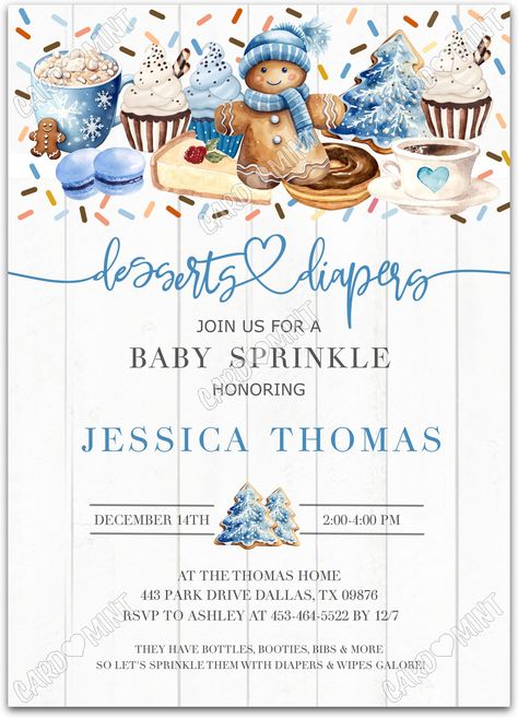 Quickly personalize. Includes matching thank you card.   Host a successful baby sprinkle starting with this winter gingerbread man white invite!   You can edit this product yourself, during and/or after purchase. Print or send as an Evite.  Image watermarks will be removed after purchase.  The dimensions are 5"x7". Baby Sprinkle Christmas Theme, Cookies And Cocoa Baby Shower Ideas, Christmas Baby Sprinkle, Winter Baby Sprinkle Ideas, Boy Sprinkle Shower Ideas, Winter Baby Boy Shower Ideas, Baby Boy Sprinkle Themes, Baby Sprinkle Themes, Winter Baby Shower Ideas Themes