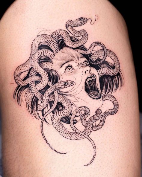 Medusa Gorgon Tattoo, Gorgon Tattoo, Medusa Tattoo Ideas, Swimming Tattoo, Design Your Own Tattoo, Medusa Gorgon, Unicorn Tattoos, Demon Tattoo, Fantasy Tattoos