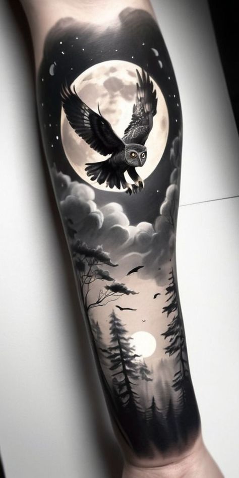 Owl Forest Tattoo, Forest Tattoo Design, Ink Tattoo Design, Red Tattoo Ideas, Red Ink Tattoo, Chest Tattoo Ideas, Forest Tattoo, Red Tattoo, Forest Tattoos