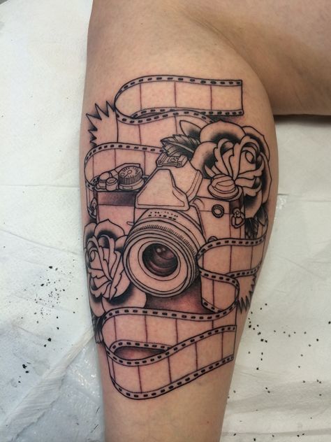 Start of a cool camera w/film piece Film Camera Tattoo, Camera Film Tattoo, Camera Tattoo Ideas, Vintage Camera Tattoos, Film Tattoo, Camera Tattoo Design, Camera Tattoos, Film Tape, Camera Tattoo