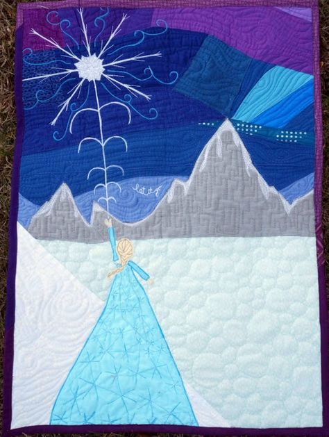 Quilty Habit: "Let It Go": A Frozen Mini Quilt Frozen Quilt Patterns, Fairy Tale Projects, Frozen Quilt, Princess Quilt, Disney Blanket, Mini Landscape, Disney Quilt, Nancy Zieman, Landscape Quilt