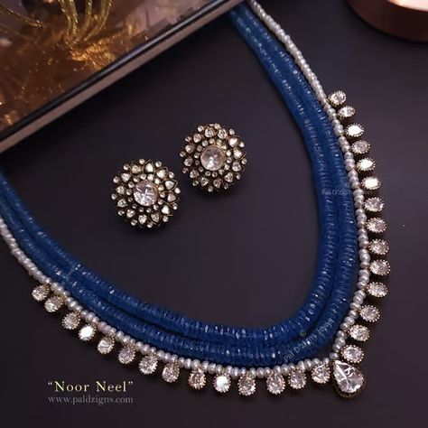 Noor Neel Moissanite Polki Necklace Set Gems Bead Necklace, Mozonite Jewelry, Beads Jewellery Indian, Beaded Wedding Jewelry, Polki Necklace Set, Coral Jewelry Set, Mala Jewelry, Stone Bead Jewelry, Bridal Jewelry Vintage