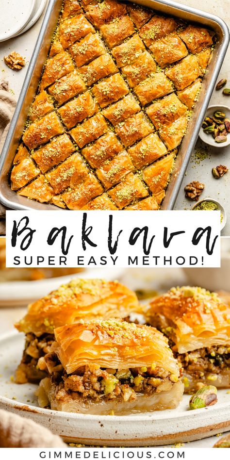 Easy Baklava Baklava Bites Recipe, Baclavale Recipes Greek, Phyllo Dough Recipes Dessert, Phylo Pastry Recipes, Easy Baklava Recipe, Sheet Recipes, Easy Baklava, Baklava Recipe Easy, Mediterranean Desserts