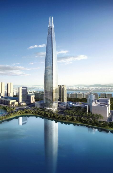 Lotte World Tower, Seoul, South Korea - World of Architecture Lotte World Seoul, Lotte World Tower, Shanghai Tower, Construction Images, Lotte World, Amazing Buildings, Building Structure, Seoul South Korea, Design Competitions