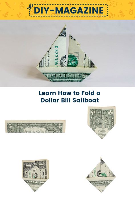 How to Make a Money Sailboat Origami Sailboat Easy, Money Folding Ideas Easy Step By Step, How To Fold Dollar Bills Into Shapes, Dollar Bill Origami Easy Step By Step, Folding Dollar Bills Easy Step By Step, Dollar Folding, Oragami Money, Fold Dollar Bill, Origami Sailboat