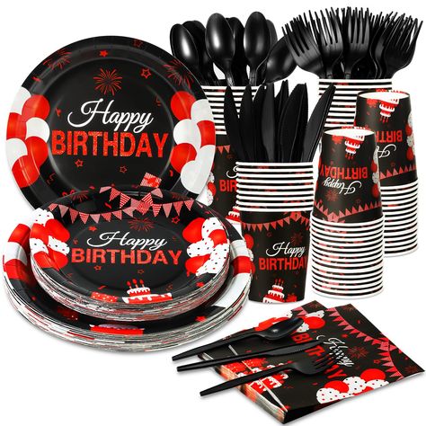 PRICES MAY VARY. SERVES 24 GUESTS: This Black and Red Birthday Sets has all you need for 24 guests, includes 24pcs 9” Dinner Paper Plates, 24pcs 7'' dessert Plates, 24pcs paper Napkins, 24pcs paper cups ,24pcs forks, 24pcs spoons, 24pcs knives. Perfect Black and Red Party Decorations - This party supplies pack is designed to black background and Red elements pattern. Red makes our plastic plates more elegant,gold make our plastic plates shine. Perfect choice for a Black and Red themed party. SAF Black And Red Birthday Party Decorations, Red And Black Birthday Party, Black And Red Birthday, Boxing Theme Party Ideas, Red Party Themes, Red Elements, Horror Themed Party, Red Party Decorations, Birthday Plates