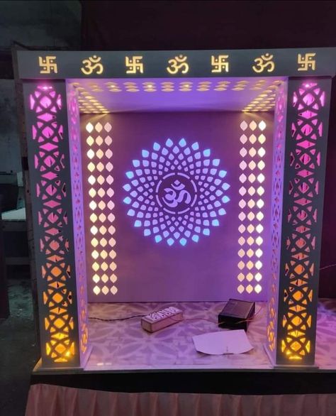 Mandir In Home, Makhar Designs, Ganpati Art, Halloween Facebook Cover, Ganpati Decoration Theme, Ganpati Decor, Ganesh Chaturthi Decoration, Simple Stage Decorations, Ganpati Decoration At Home