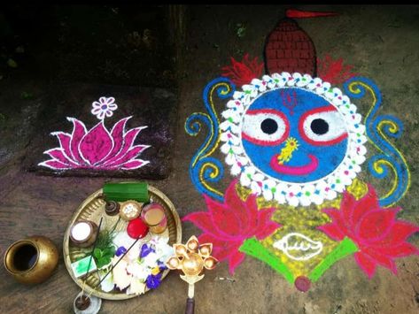 Mythologically this rangoli used to draw in the Holy month kartik at odisha ..... According to Odia culture we draw Mahaprabhu Jagannath, mahaprabhu Balabhadra, Mata Subhadra , 🙏��🙏🙏🙏 panchuka means last 5 days of kartik month.... It starts from kartik shukla Ekadashi and ends to Kartik purnima .... Odia Culture, Kartik Month, Kartik Purnima, To Draw, Drawings, Quick Saves