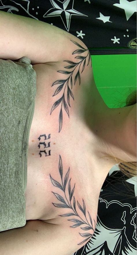 Chest Patchwork Tattoo Female, Womens Clavicle Tattoo, Ivy Tattoo Collar Bone, Female Collarbone Tattoo, Simple Chest Tattoo Female Upper, Barbwire Collar Bone Tattoo, Collar Bone Neck Tattoo, Chest Collar Bone Tattoo, Chest Leaves Tattoo