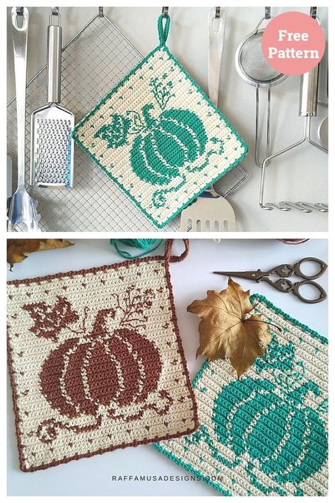 Pumpkin Potholder Free Tapestry Crochet Pattern Pumpkin Pot Holder Crochet, Free Autumn Crochet Patterns, Crochet Fall Patterns Free, Autumn Crochet Ideas, Fall Coasters, Crochet Autumn, Thanksgiving Crochet, Crochet Patterns Ideas, Autumn Crochet