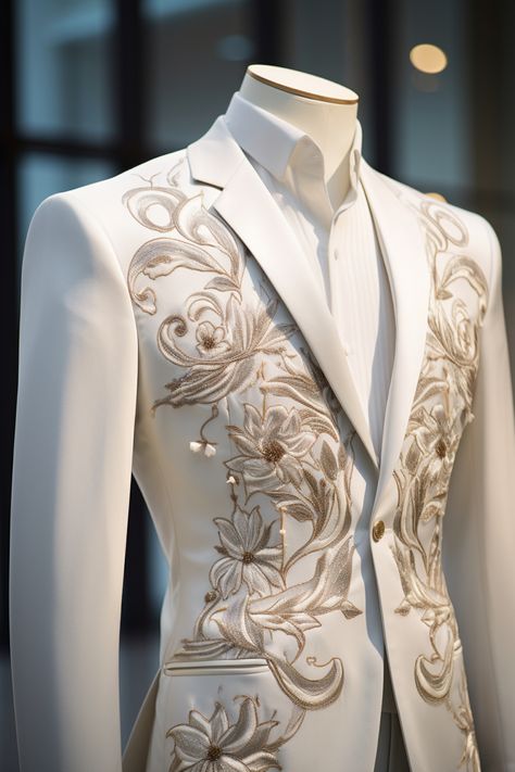 Unique Wedding Suits, White And Gold Suit, Prom Suits For Men Unique, Imperial Clothing, Rosé Suit, Mens White Suit, White Wedding Suit, Nigerian Outfits, Prom Suit