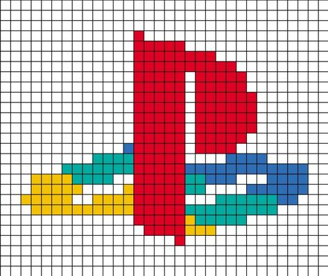 A pixel art template of the original PlayStation logo. Playstation Pixel Art, Playstation Perler Beads, Video Game Pixel Art Grid, Playstation Logo Art, Guitar Pixel Art, Pixel Art Grid Video Games, 32 By 32 Pixel Art, Xbox Cross Stitch, Playstation Cross Stitch