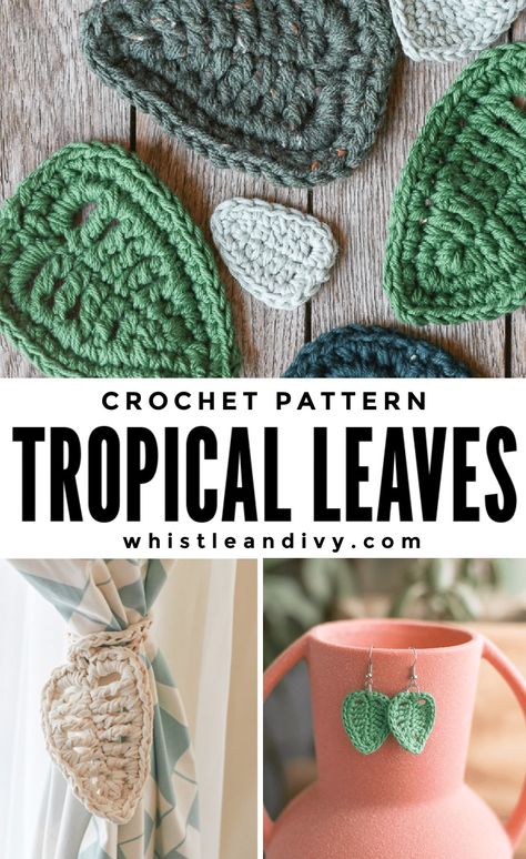 Quick and Easy Crochet Leaves - A fun, tropical crochet pattern Tropical Crochet, Fast Crochet, Beginners Crochet, Crochet Jewelry Patterns, Crochet Earrings Pattern, Crochet Plant, Crochet Leaves, Make Earrings, Treble Crochet Stitch