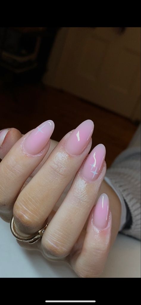 Bday Almond Nails, Light Pink Airbrush Nails, Sweet 16 Nails Almond, Pink Sweet 16 Nails Short, Almond Nails Airbrush, Sweet 16 Nails Acrylic Pink, Light Almond Nails, Light Aura Nails, Pink Aura Nails Almond