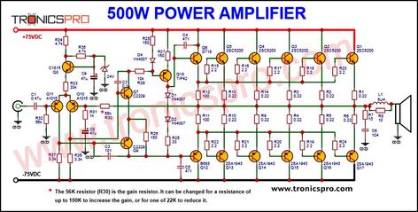 500W Power Amplifier Circuit using c5200 a1943, D718, B688 & TIP42 Transistors 2sc5200 2sa1943 Amplifier Circuit, Audio Amplifier Circuit Diagram, Power Amplifier Audio, Mini Amplifier, Hifi Amplifier, Electrical Symbols, Diy Amplifier, Electronic Circuit Design, Speaker Box Design