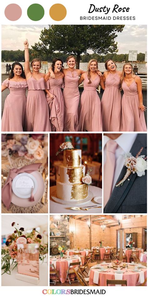 Dusty rose bridesmaid dresses in vintage style, on sale under $100, in 600+ custom-made styles and all sizes, white bridal gown, dusty rose wedding tie, white wedding tablecloth and dusty rose napkin, white and gold wedding cake dotted with light pink flower, dusty rose wedding table number card. #colsbm #bridesmaids #bridesmaiddresses #weddingideas #pinkwedding #dustyrosewedding #weddingcake #weddingtie #weddingnapkin #weddingcenterpieces #dustyrosedress b2274 Gold Wedding Theme Bridesmaid Dresses, Dusty Rose Wedding Table, Bridesmaid Dresses Vintage, White And Gold Wedding Cake, Rose Bridesmaid, Rose Gold Bridesmaid Dress, Dusty Rose Bridesmaid, Snoqualmie Falls, Dusty Pink Weddings