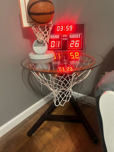 Basketball decor Basketball Side Table, Nba Themed Bedroom, Basketball Accessories For Bedroom, Basketball Boys Bedroom, Basketball Aesthetic Room, Sport Room Ideas, Basketball Decor Bedroom, Basketball Bedroom Ideas Boys, Basketball Hoop In Bedroom