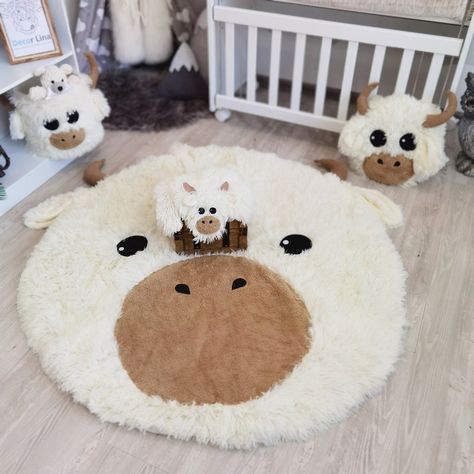 Wow picks! Baby Highland Cow Rug: Perfect Gift for Newborn, Pictured Rug 45" at €90.00 Choose your wows. 🐕 #BabyGift #CowNursery #BabyRug #NewbornGift #NurseryRug #FarmDecor #BabyRoom #HighlandCow #FarmAnimal #BabyDecor Highland Cow Rug, Highland Cow Nursery, White Highland Cow, Farm Nursery Theme, Cow Rug, Western Nursery, Cow Nursery, Charming Aesthetic, Perfect Nursery