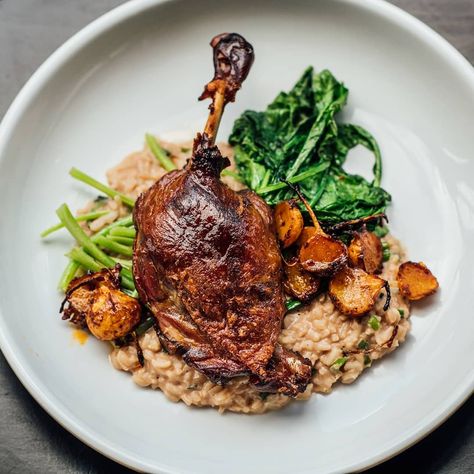 Toups South on Instagram: “She is so beautiful. Confit duck leg with duck liver risotto and smoke turnips! Dinner starts now!  #teamtoups #ocheats #centralcityeats” New Orleans Shrimp, Confit Duck Leg, Confit Duck, Duck Liver, Duck Confit, Shrimp Grits, Southern Cuisine, Fine Food, Grits