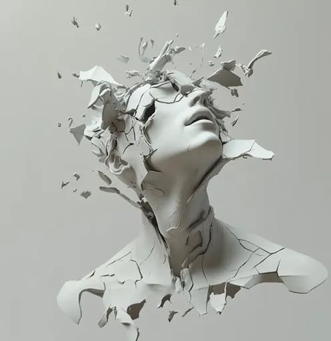 ↑↑↑ Larger size on website 🔸 The image is a close-up of a white, cracked sculpture of a woman's head and shoulders. The sculpture Sculpture Illustration Drawings, Cracked Sculpture, Cracked Statue, Neck Sculpture, Broken Face, Sculpture Face, Art Core, Head And Shoulders, Head Statue