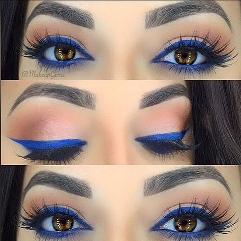 How to Apply Dramatic Colorful Eyeliner Royal Blue Natural Makeup, How To Wear Blue Eyeliner, Electric Blue Eye Makeup, Blue Winged Eyeliner, Blue Rave Makeup, Blue Eyeliner Makeup Brown Eyes, Blue Eyeliner Makeup Looks, Blue Eyeliner Brown Eyes, Blue Eyeliner Makeup