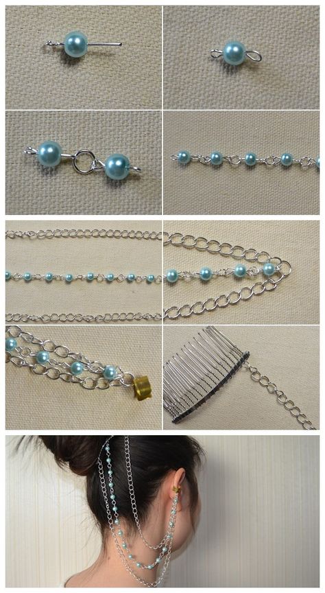 #Beebeecraft design #pearl #chain #hairaccessories Hair Jewelry Tutorial, Pearl Bracelets Diy, How To Make Chain, Hair Chains Diy, Diy Chain Necklace, Chain Crafts, Jóias Body Chains, Diy Jewelry Set, Diy Chain