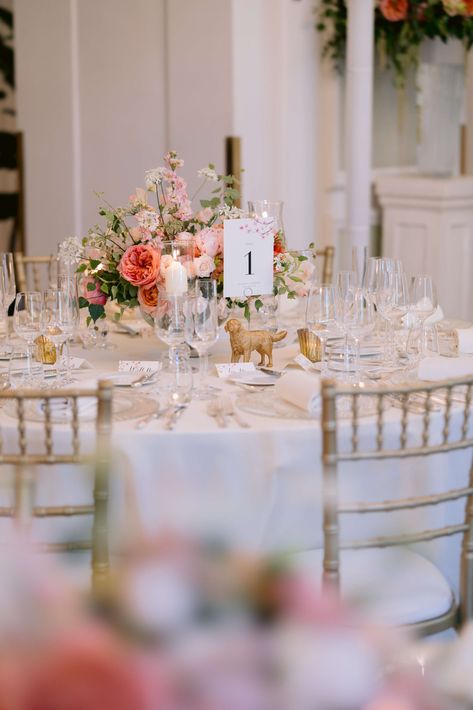 wedding table decor with pink, peach and ivory palette, golden dog-shaped table number holder Photo Table Wedding, Peachy Pink Wedding, Ivory Palette, Table Number Holder, Knightsbridge London, Table Number Holders, Multicultural Wedding, Korean Wedding, English Wedding