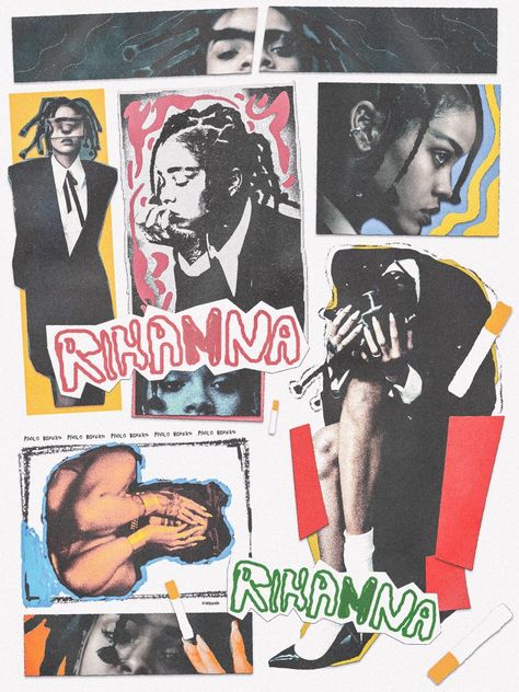 Moodboards Graphic Design, 90s Editorial Design, Rihanna Poster, 90s Collage, Art And Music, Magazine Collage, Creative Genius, Editing Inspiration, Collage Art Mixed Media