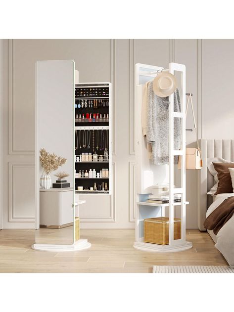 White  Collar  Wood   Embellished   Storage & Organization Full Length Mirror With Storage, Mirror With Jewelry Storage, Mirror With Storage, Mirror Jewelry Storage, Tall Mirror, Mirror Jewelry, Mirror Jewellery Cabinet, Jewelry Rack, Mirror Cabinet