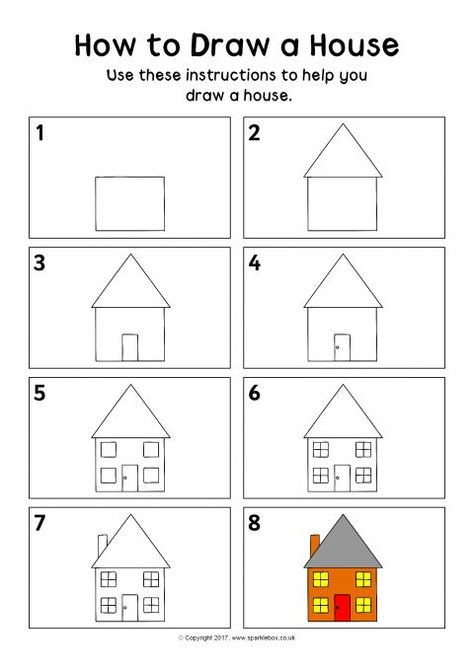 How to Draw a House Instructions Sheet (SB12162) - SparkleBox How To Draw A Picture, Step By Step House Drawing, Kindergarten Drawing Activities, Draw A House Step By Step, How To Draw Preschool, How To Draw A House Easy, How To Draw A House Step By Step, How To Draw A House, How To Draw Step By Step