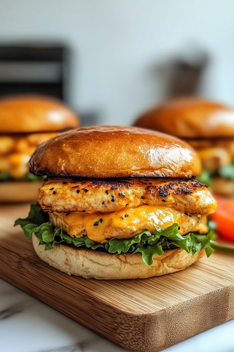 Get ready for a flavor explosion with Cheddar Ranch Chicken Burgers! Juicy, cheesy, and bursting with ranch goodness—perfect for your next BBQ. Click to get the recipe and fire up the grill! Cheddar Ranch Chicken, Diner Ideas, Bbq Chicken Breast, Honey Bbq Chicken, Burger Night, Food Pic, Toast Sandwich, Chicken Burger, Honey Bbq