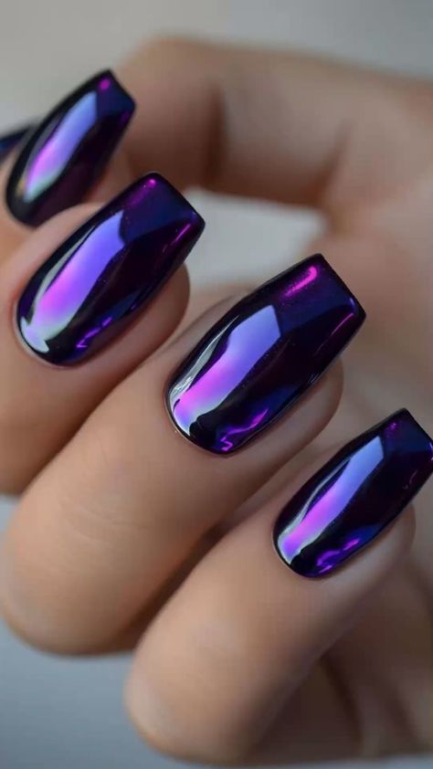 95 Chrome Nail Designs: Glitter, Short Styles &Amp; More For 2024 56 Black With Purple Chrome Nails, Dark Purple Chrome Nails, Fun Chrome Nails, Metallic Purple Nails, Glazed Donut Manicure, Black Chrome Nails, Chrome Nail Designs, Purple Chrome Nails, Red Chrome Nails